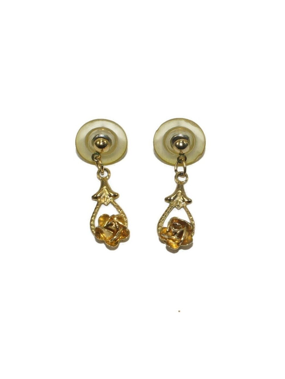 Vintage Gold Tone Rose Flower Dangle Earrings with Post Backs for Pierced Ears.